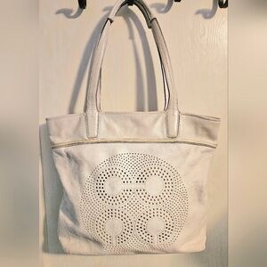 Coach Ivory Perforated Signature C Leather Zip Tote Bag Pink Lining